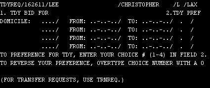Example of the TDYREQ screen