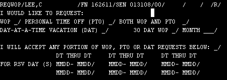Example of a WOP screen for reserves