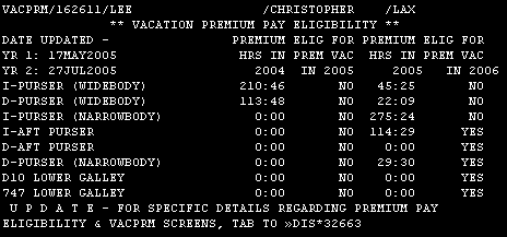 Example of the VACPRM screen